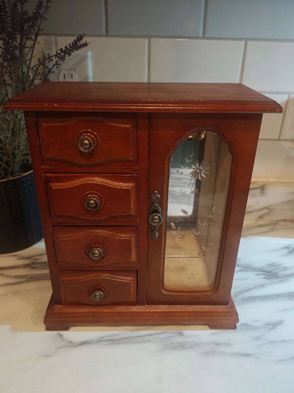 Vintage Y2K Jewelry Armoire Wooden Chest 90s 2000s Floral Glass Mirror Necklace